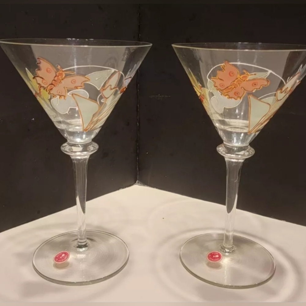 Martini Cocktail Glasses w/Wire & Handpainted Butterflies Romania Pre-owned